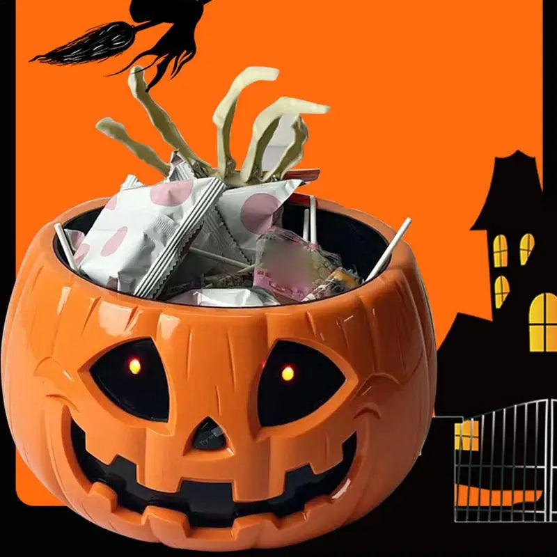 Pumpkin Candy Dish Pumpkin Halloween Auto-Sensing Dish Horror Candy Dish With Skeleton Hand Large Capacity Bowl For Prank Bar