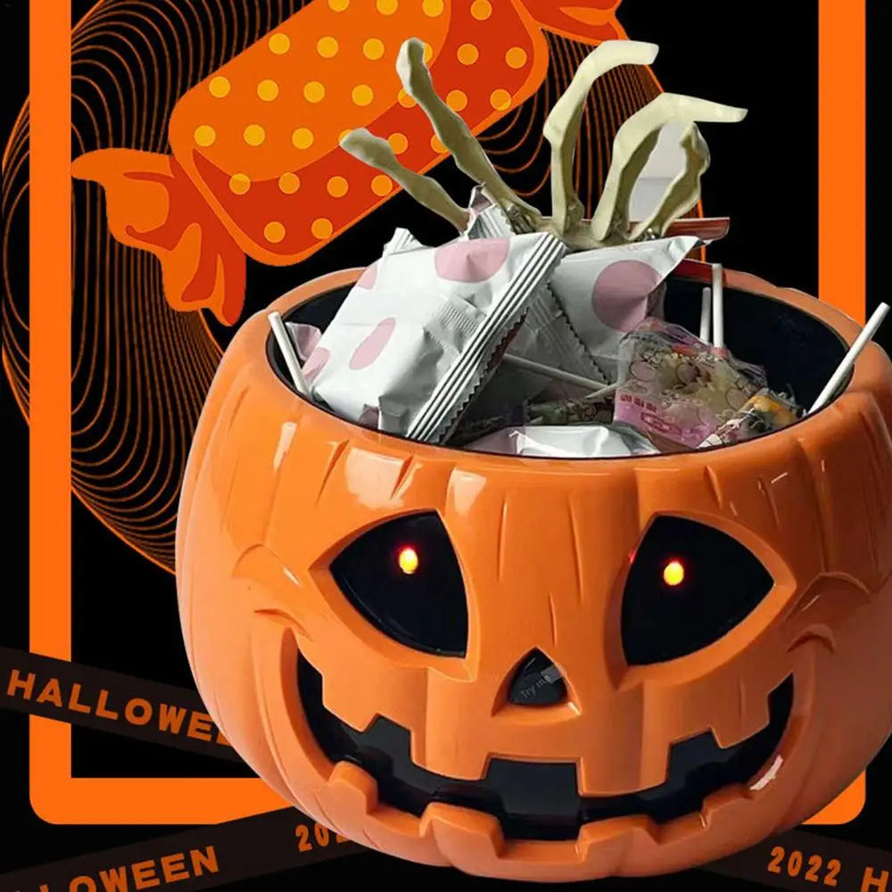 Pumpkin Candy Dish Pumpkin Halloween Auto-Sensing Dish Horror Candy Dish With Skeleton Hand Large Capacity Bowl For Prank Bar